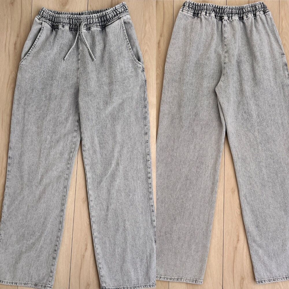 Zara Gray Acid Wash Stretch Denim High Rise Wide Leg Bootcut Track Pants Size M